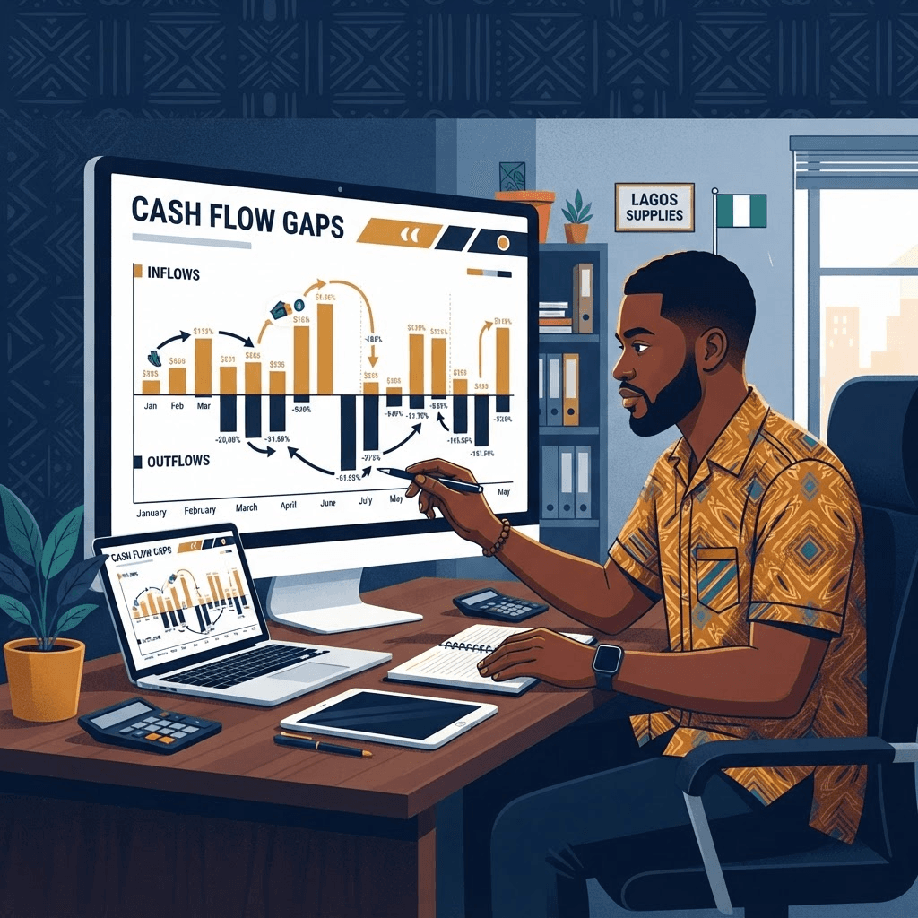A Nigerian business owner reviewing a cash flow chart showing timing gaps between money out and money in