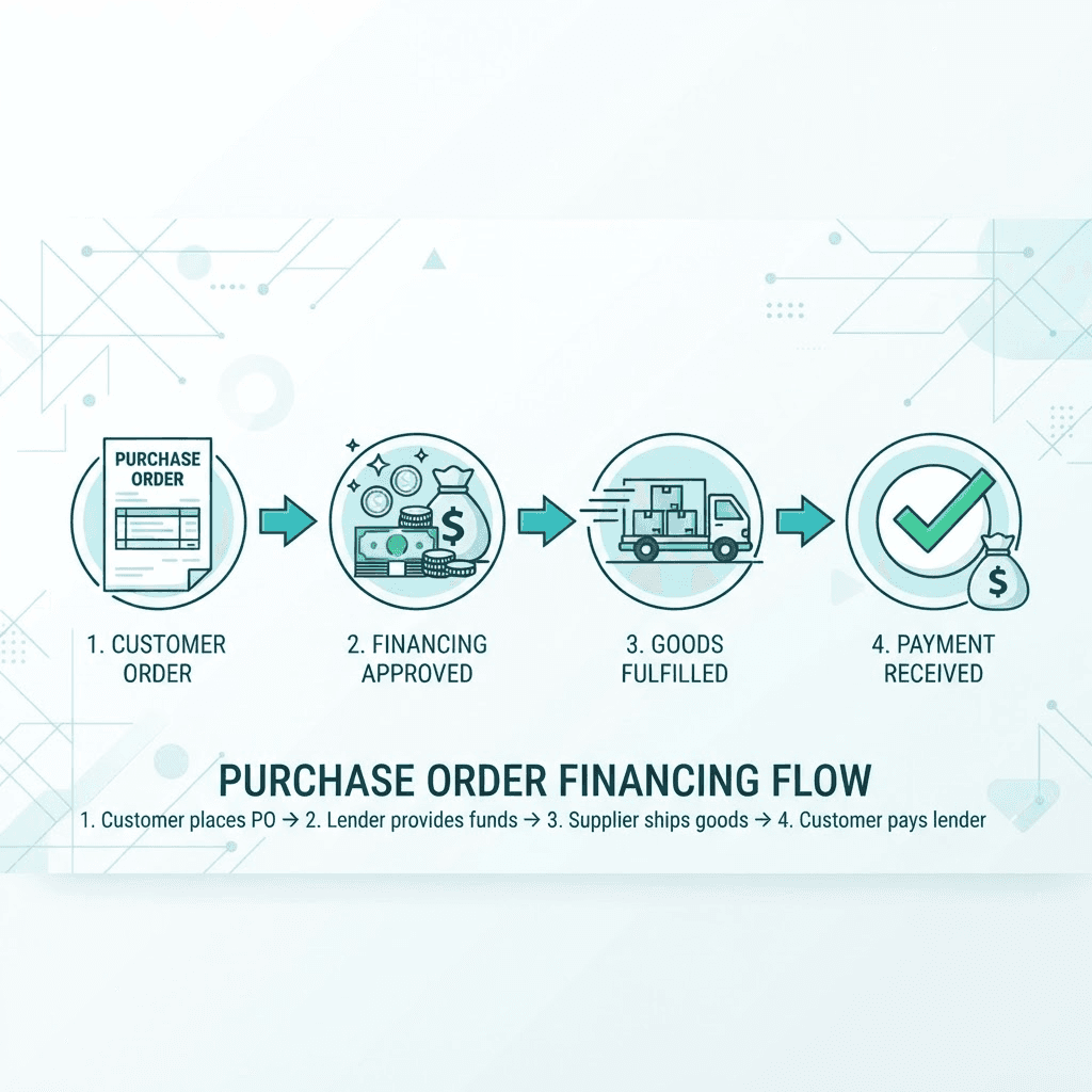Step-by-step flow from purchase order to capital to delivery to payment