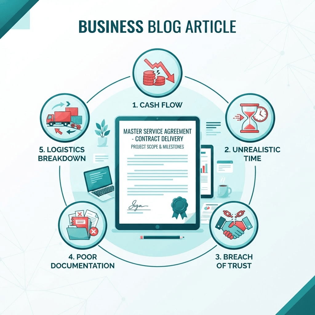 Illustration of a contract with five warning indicators representing common supplier failure points