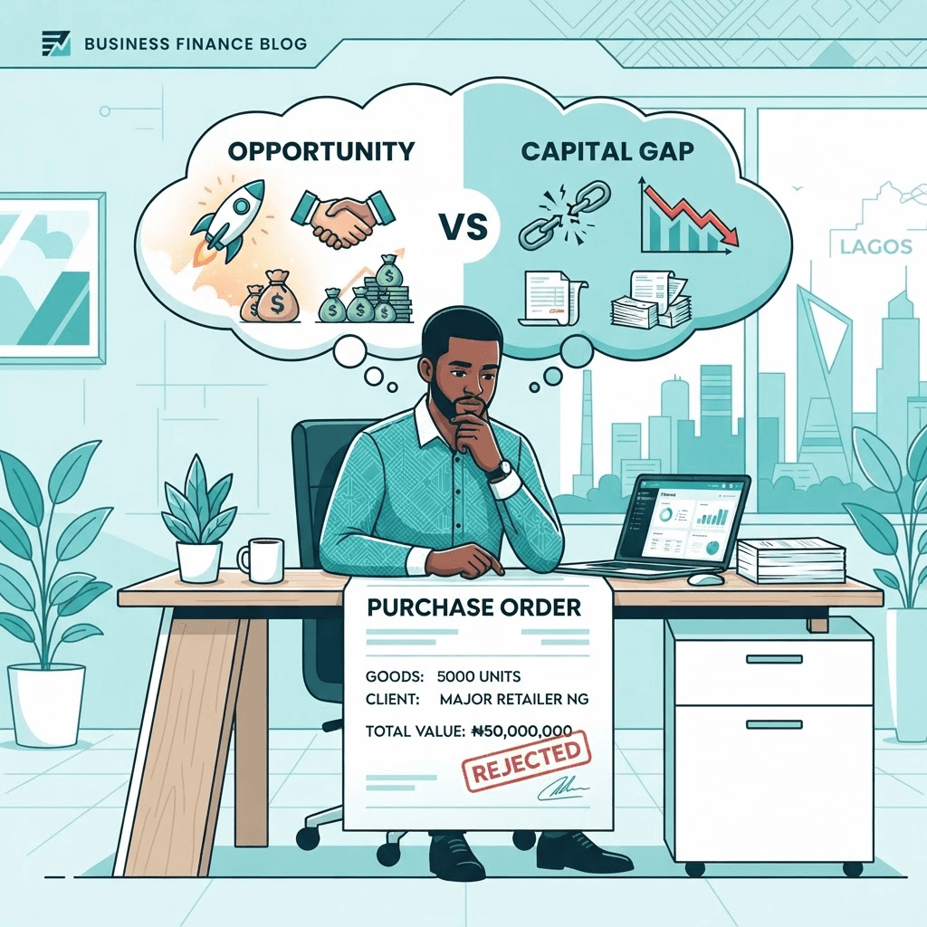 Illustration of a Nigerian business owner weighing a purchase order opportunity against a capital gap
