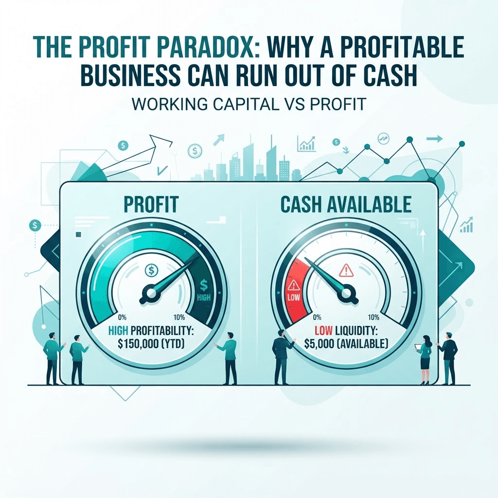 Two gauges contrasting high profit with low available cash
